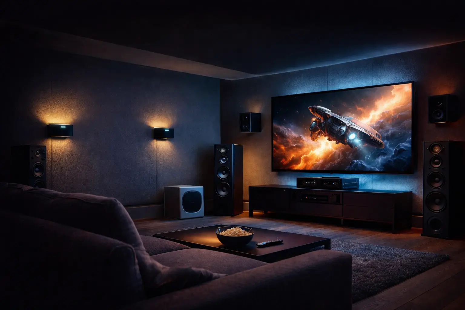 Installation home cinéma réalisée à Quimper avec électroniques Yamaha, enceintes JBL et M&K Sound