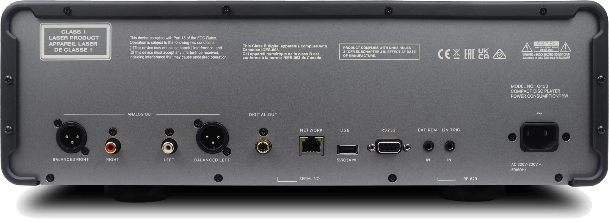 Connectique arrière du Michi Q430 Prestige avec sorties RCA XLR et coaxiale