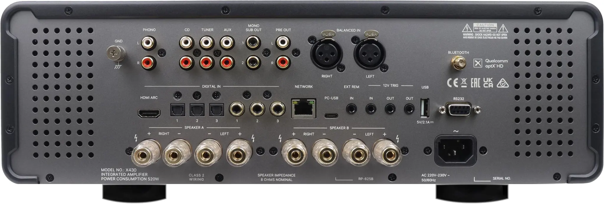 Connectique arrière Michi X430 Prestige entrées RCA XLR HDMI ARC USB optique coaxial phono MM