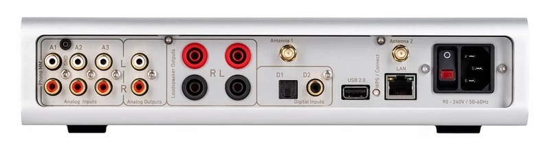 Face arrière du Lindemann Musicbook Combo : bornes enceintes, entrées ligne, phono MM, LAN, USB