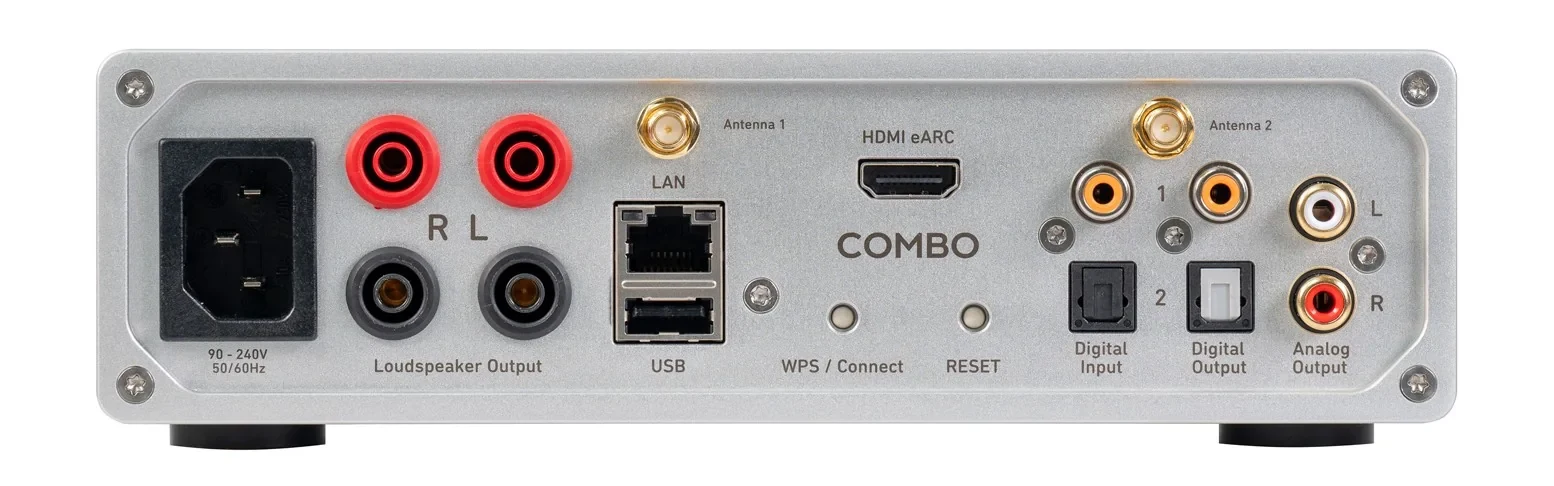 Face arrière du Lindemann Woodnote Combo : sorties enceintes, HDMI eARC, LAN, USB, entrées et sorties numériques