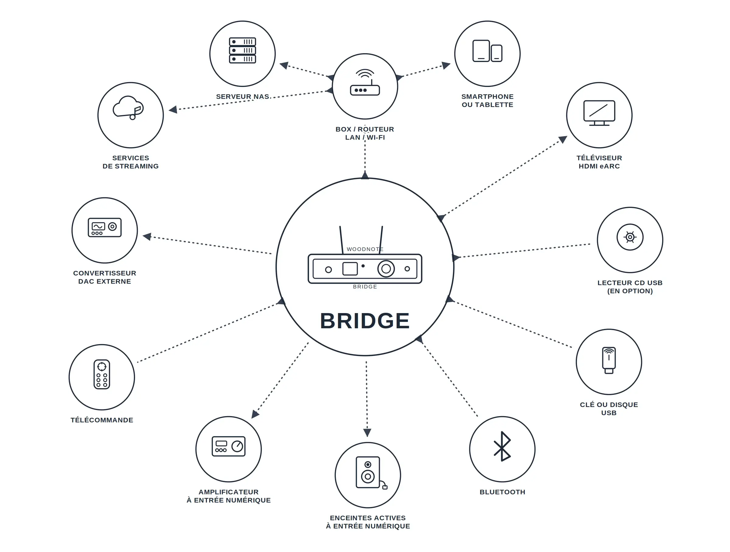 Schéma de connexion du Lindemann Woodnote Bridge : entrées réseau, USB, HDMI eARC, coaxiale et Toslink, sorties AES/EBU, coaxiale et optique vers convertisseur ou amplificateur