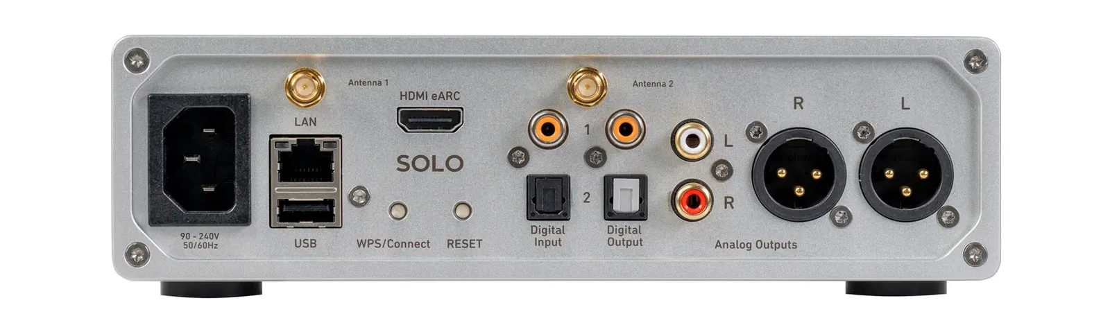 Face arrière du Lindemann Woodnote Solo : sorties XLR et RCA, HDMI eARC, LAN, USB, entrées numériques