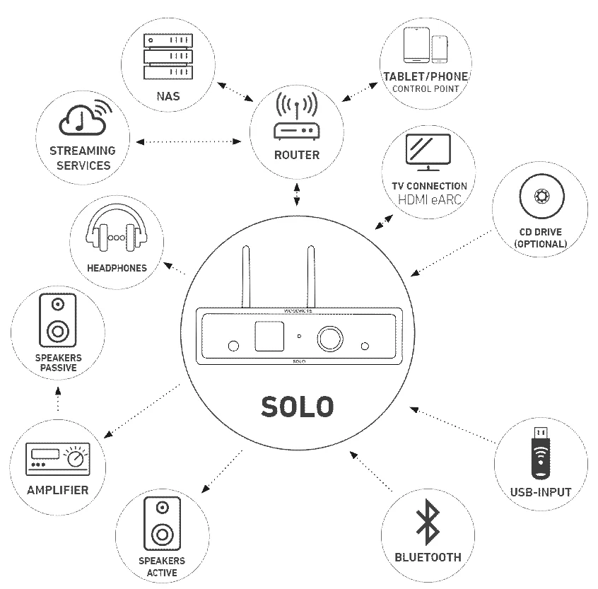 Schéma des possibilités de raccordement du lecteur réseau Lindemann Woodnote Solo