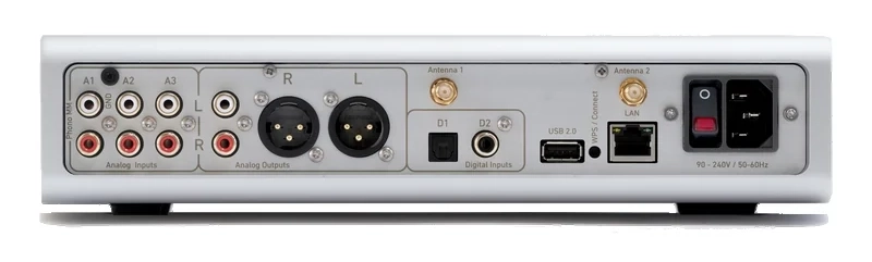 Face arrière du Lindemann Musicbook Source II : sorties XLR et RCA, entrées ligne, phono MM, LAN, USB